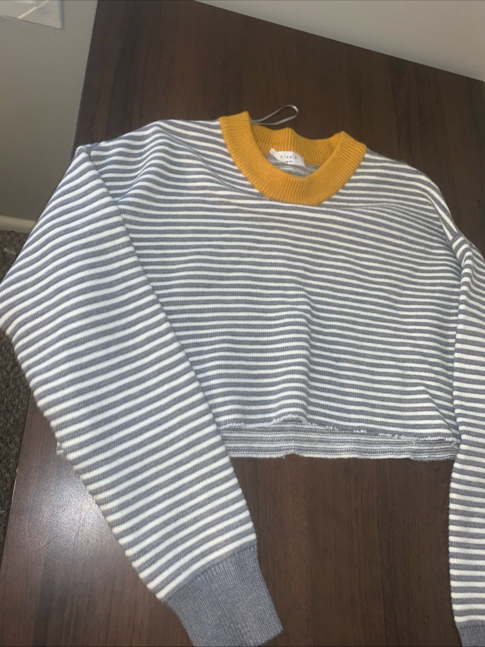 Striped Gray & White Crewneck with Mustard Rib Collar